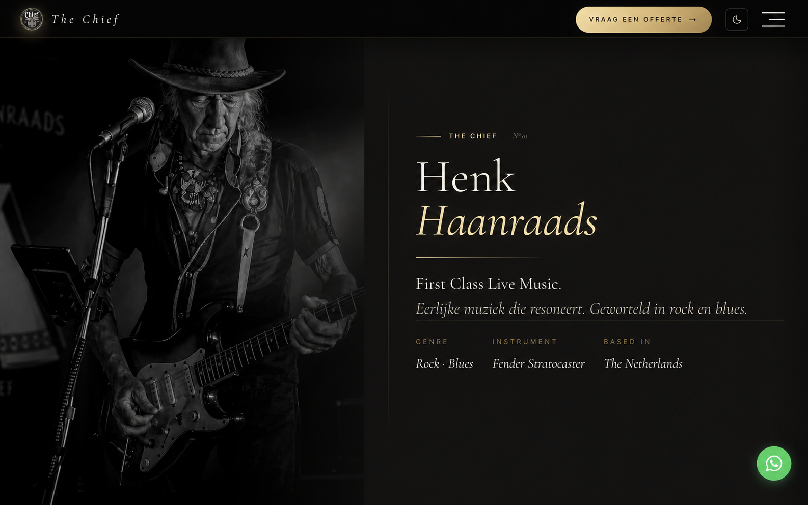 Homepage van gitarist Henk Haanraads met een zwart-wit podiumfoto