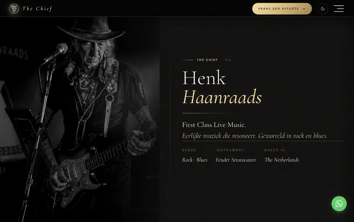 Website van Henk Haanraads met een zwart-wit podiumfoto